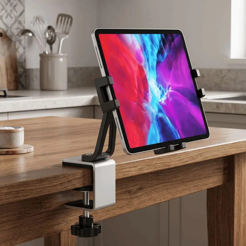 Universal Design Under Cabinet Holder Metal Clamp Adjustable Fit Tablet Mount Stand Simple Installation Desk Mount