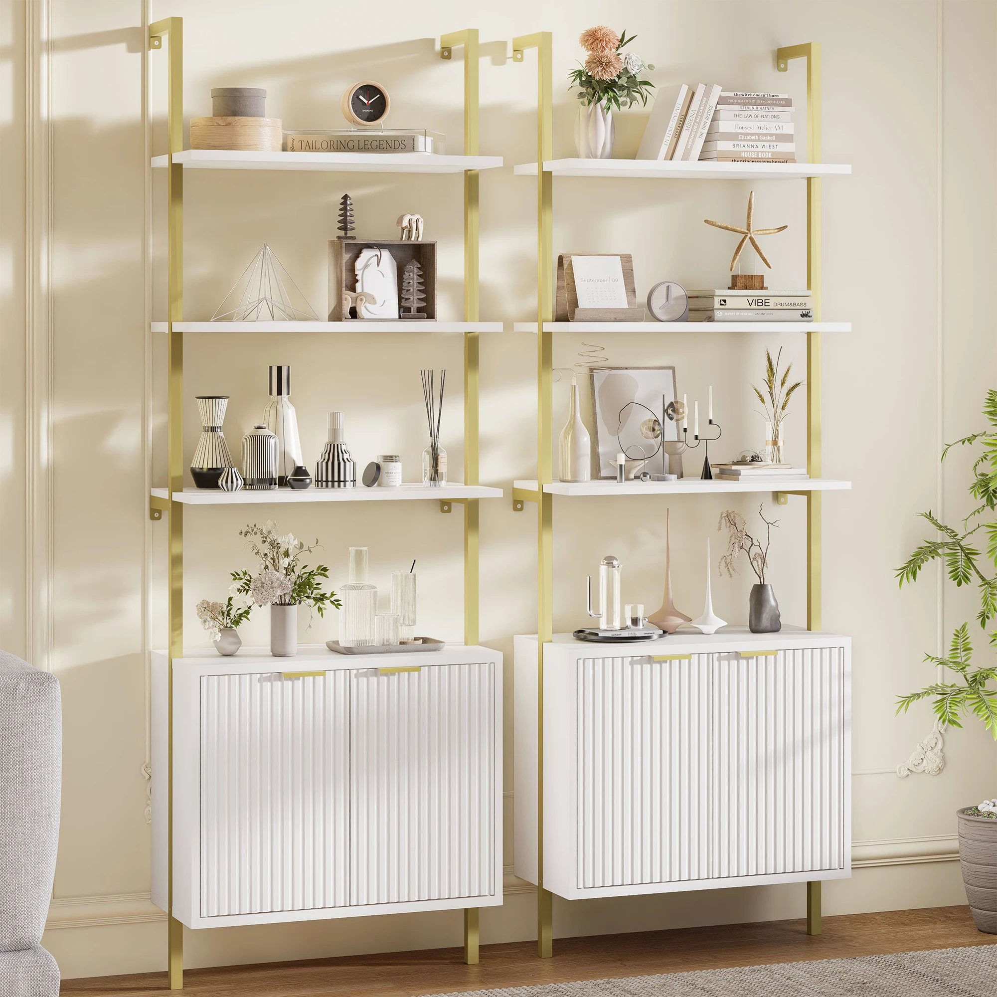 Ladder Bookshelf with Storage Cabinet 71'' Tall Wall Mount Bookcase with Metal Frame 5-Tier Display Rack for Living Room