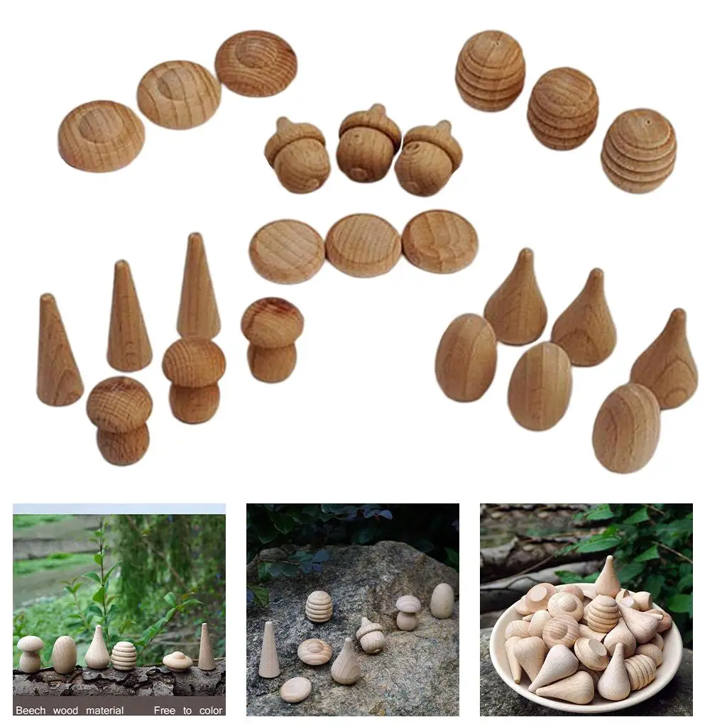24 ชิ้นงานฝีมือไม้ธรรมชาติธรรมดาหมุดมินิตุ๊กตาเปล่ารูปร่างชิ้นส่วน DIY สําหรับเด็ก