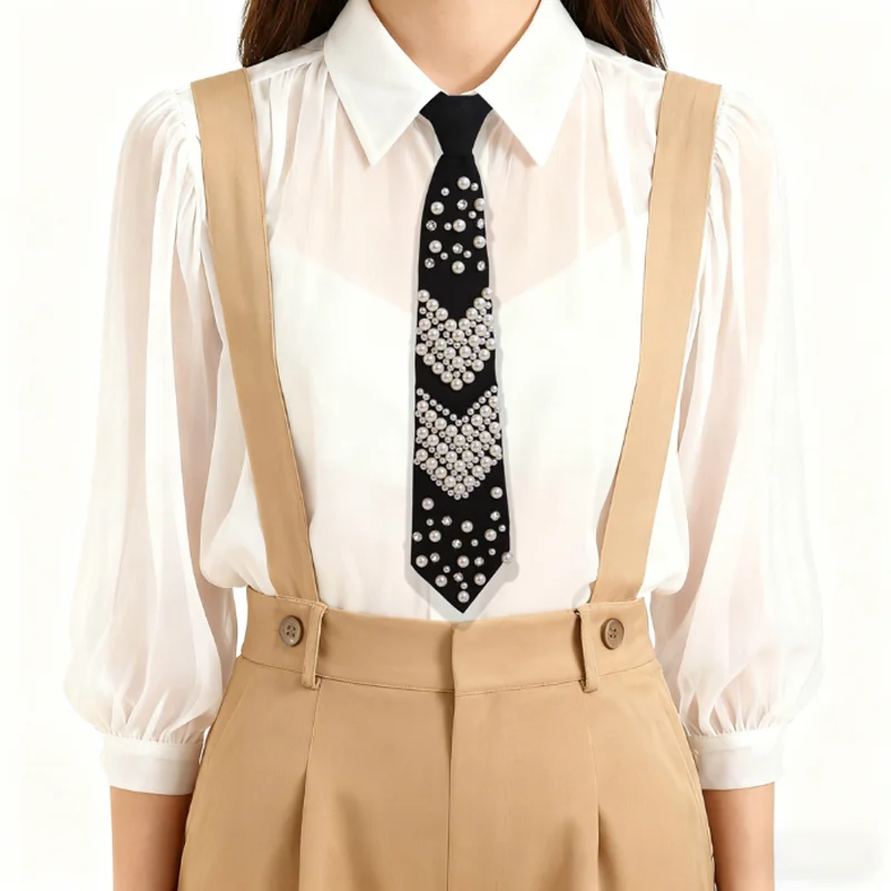 パールネクタイ黒ポリエステル繊維ネクタイ女性制服シャツ多用途取り外し可能な襟ネクタイ女性の服の装飾