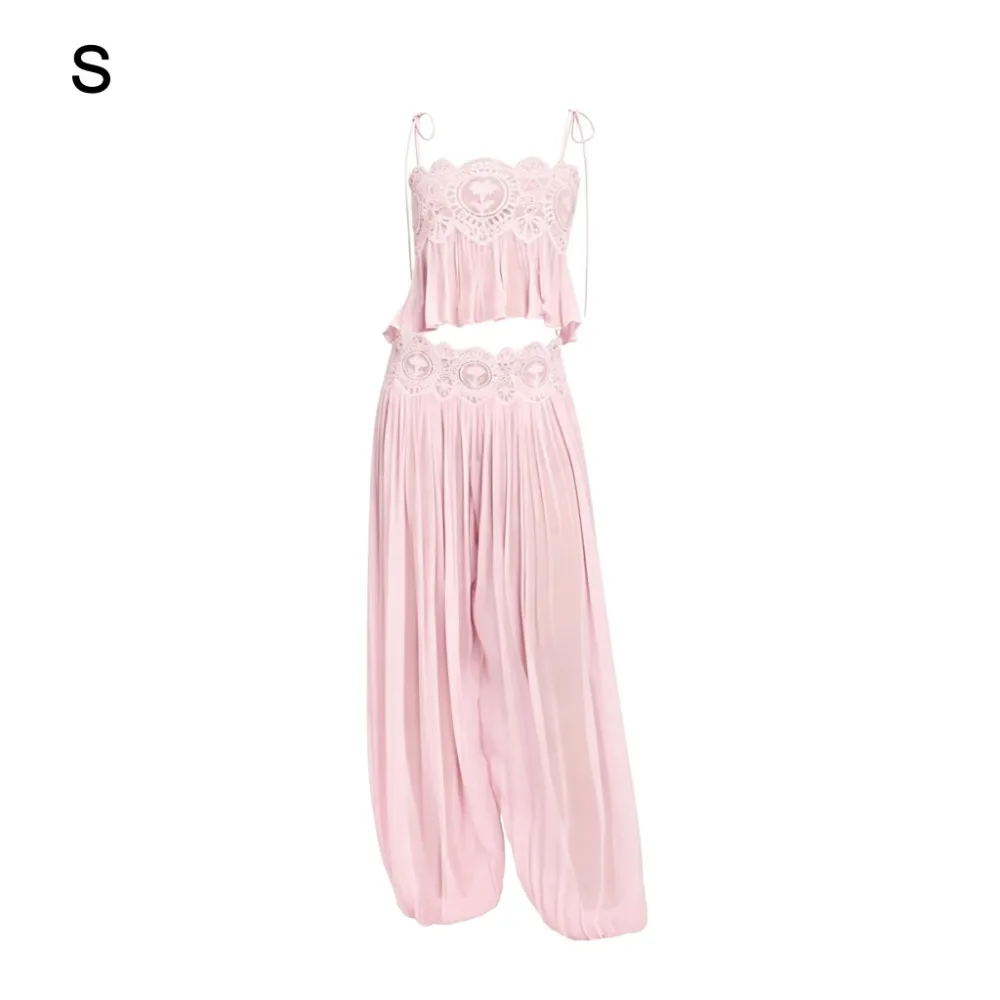 See Through Camisole Pants Sets Wide Leg High Waist Pleated Lantern Pant Hollow Out Square Neck Beach Pants Sets For Women