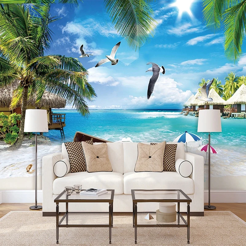 3D Tropical Coconut Palm Tree Beach Sea View Wall Mural Wallpaper for Living Room Bedroom TV Background Wall Home Decor