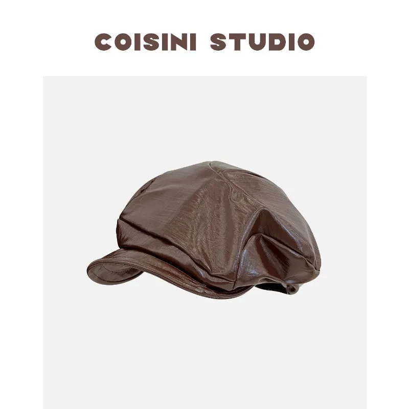 Niche Irregular Pleats Design PU Leather Berets for Women Autumn and Winter Street Trend Versatile Personalized Newsboy Hats