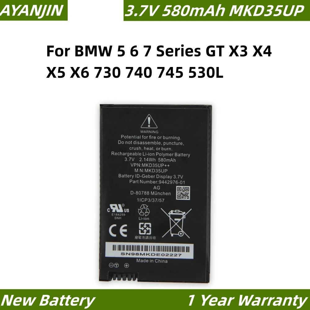 Replacement Battery MKD35UP For BMW 5 6 7 Series GT X3 X4 X5 X6 730 740 745 530L Rechargeable Car Key LCD Battery 3.7V 580mAh