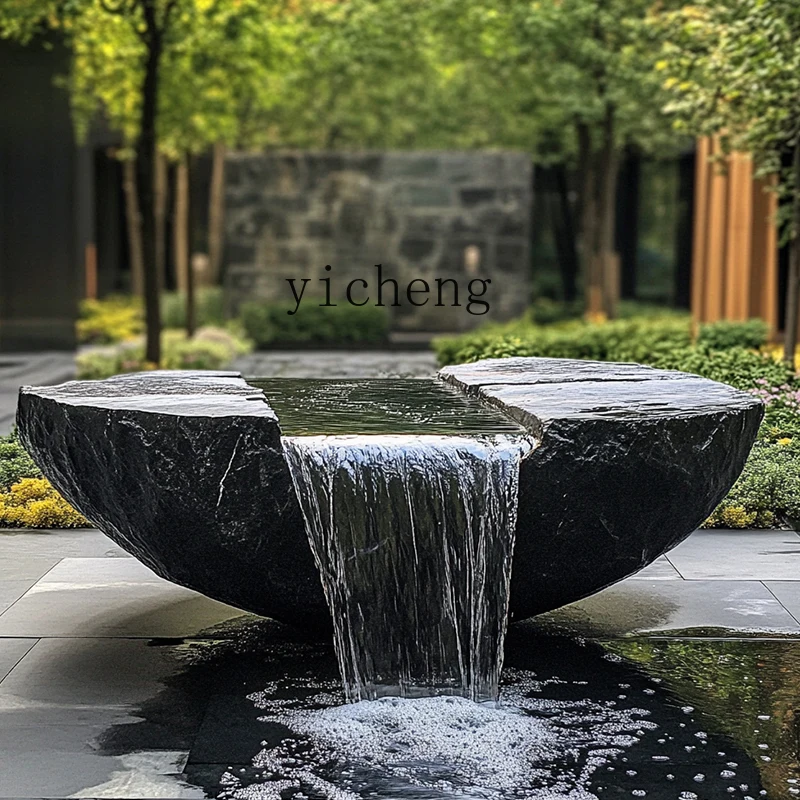Black Mountain stone water bowl basin courtyard Chinese fountain stone carving water fountain garden