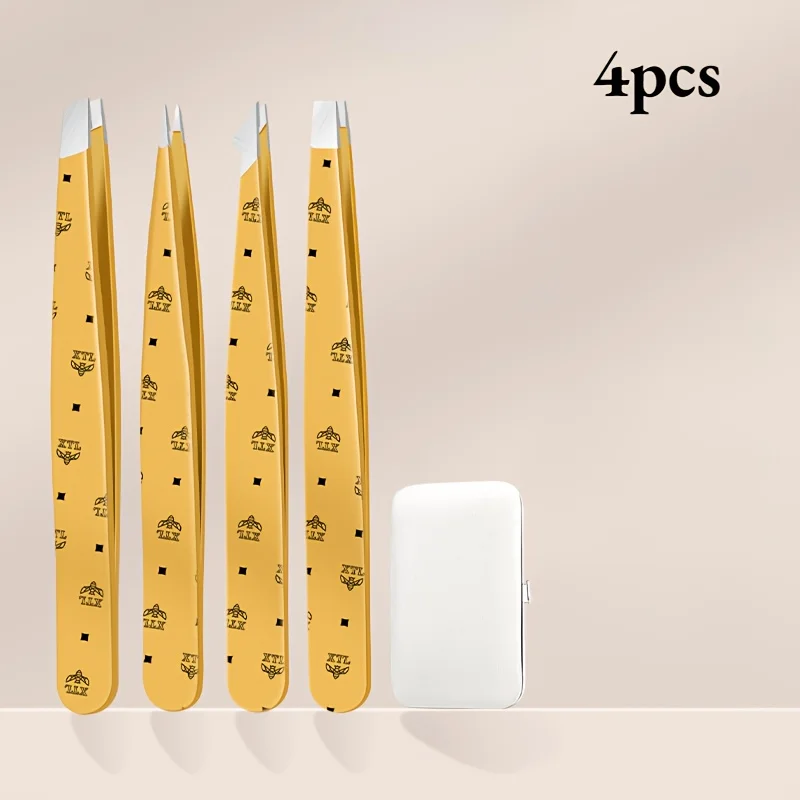 4Pcs Khaki Retro Print Eyebrow Tweezers Set with Mirror Storage Box, High Precision Non-Slip Brow Grooming Beauty Travel Tool