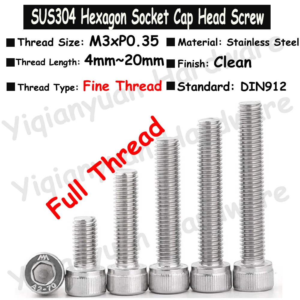 

10Pcs~20Pcs M3xP0.35 Fine Pitch Thread DIN912 SUS304 Stainless Steel Hexagon Socket Knurled Cap Head Bolts Allen Key Screws