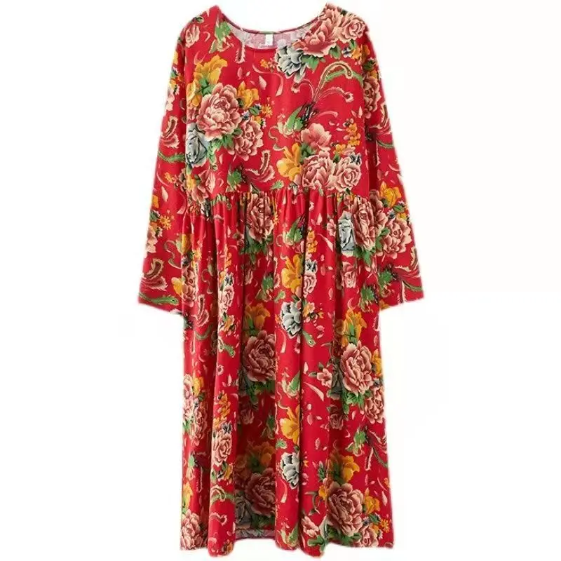 Spring Autumn New Ethnic Style Featured Big Red Long Robe Femme Revival of Literature and Art O-Neck Floral Print Loose Dress