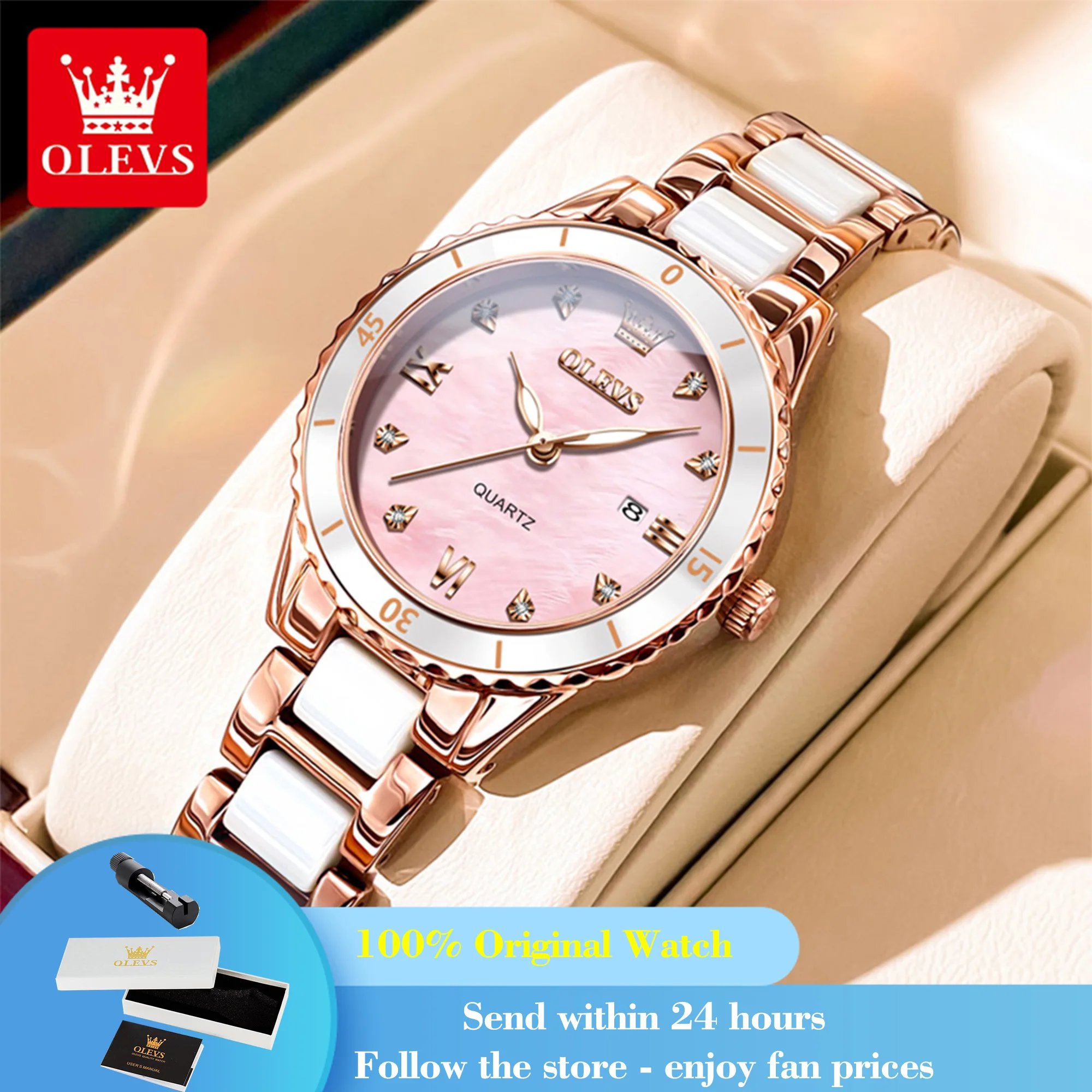 

OLEVS 9985 Women's Watch Zircon Scale Waterproof Date Quartz Watch For Women Ceramic Steel Strap Luminous Ladies Wristwatch