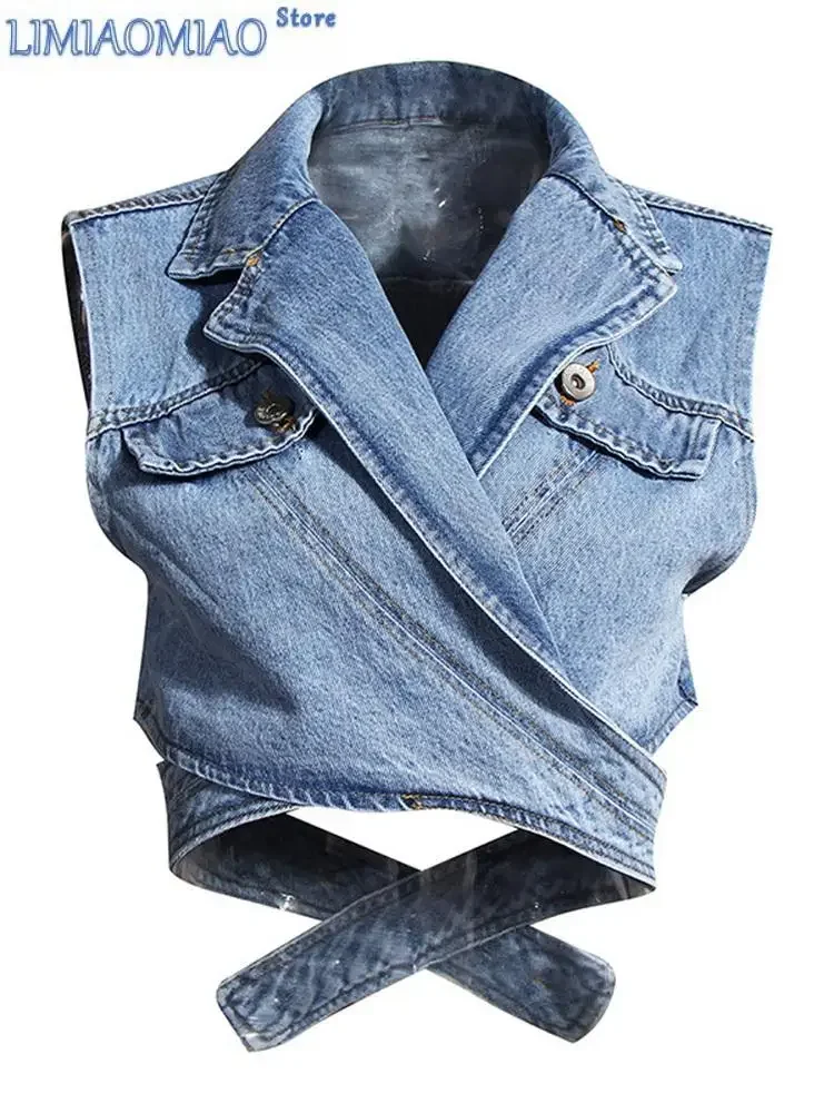 

New Women Blue Denim Irregular Blouse Lapel Long Puff Sleeve Loose Fit Shirt Fashion Tide Spring Autumn