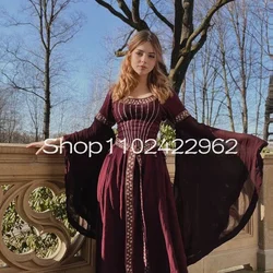 Burgundy Velvet Medieval Costume Prom Dresses with Fairytale Long Sleeve Gold Applique Historical Elvish Evening Gown