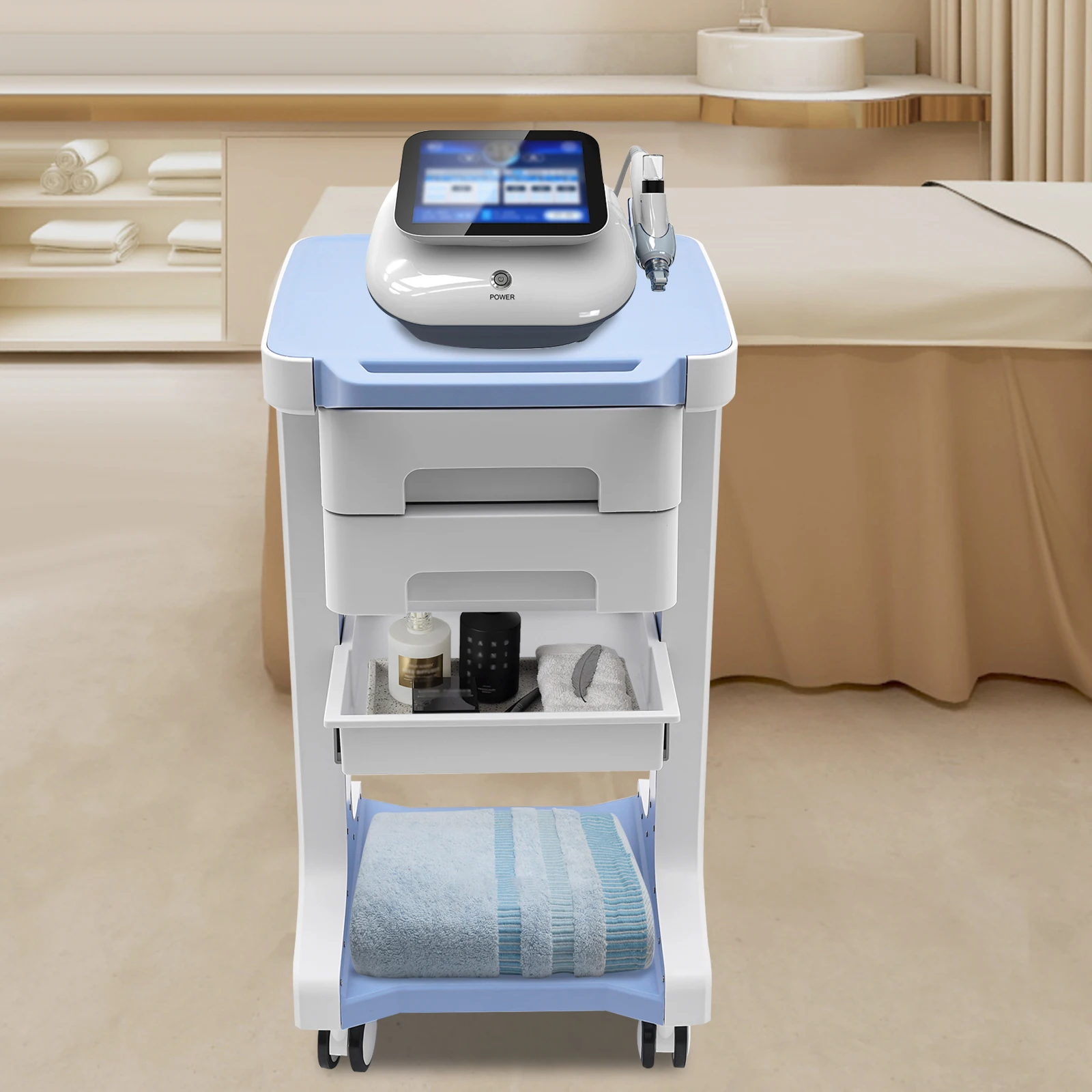 عربة أدوات مكونة من 3 طبقات على عجلات عربة تخزين متنقلة أزرق أبيض حديث ABS 2 أدراج أرضية قائمة #1