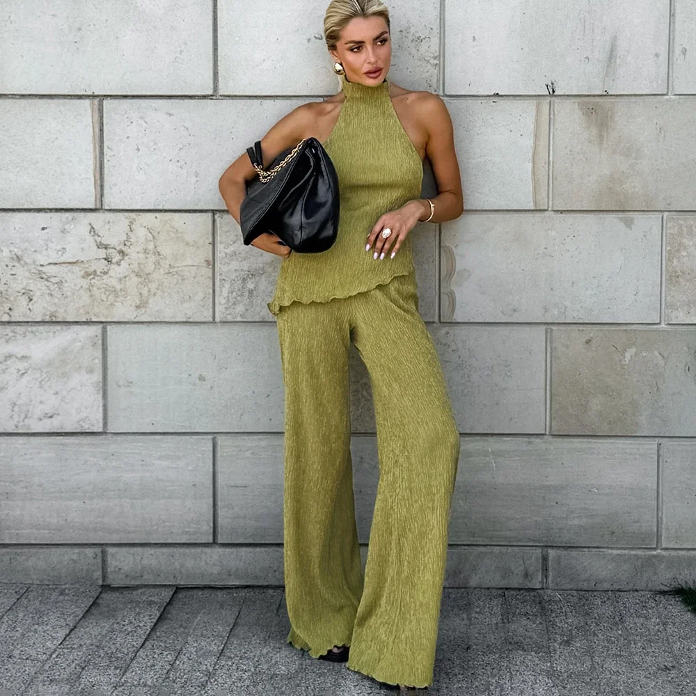 

Fmxires Hanging Green Pants Set Sleeveless Backless Personality Temperament Commuter Two-piece Set Summer New Women Pants Set