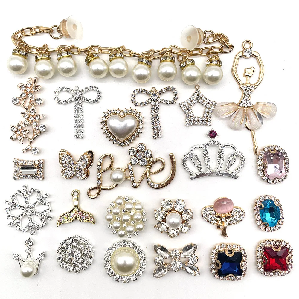 1-24Pcs Jewelry Metal Shoe Charms Crystal Crown Shoe Aceessories Pearl Women Diy Bling Clog Shoe Buckle Decoration Gifts