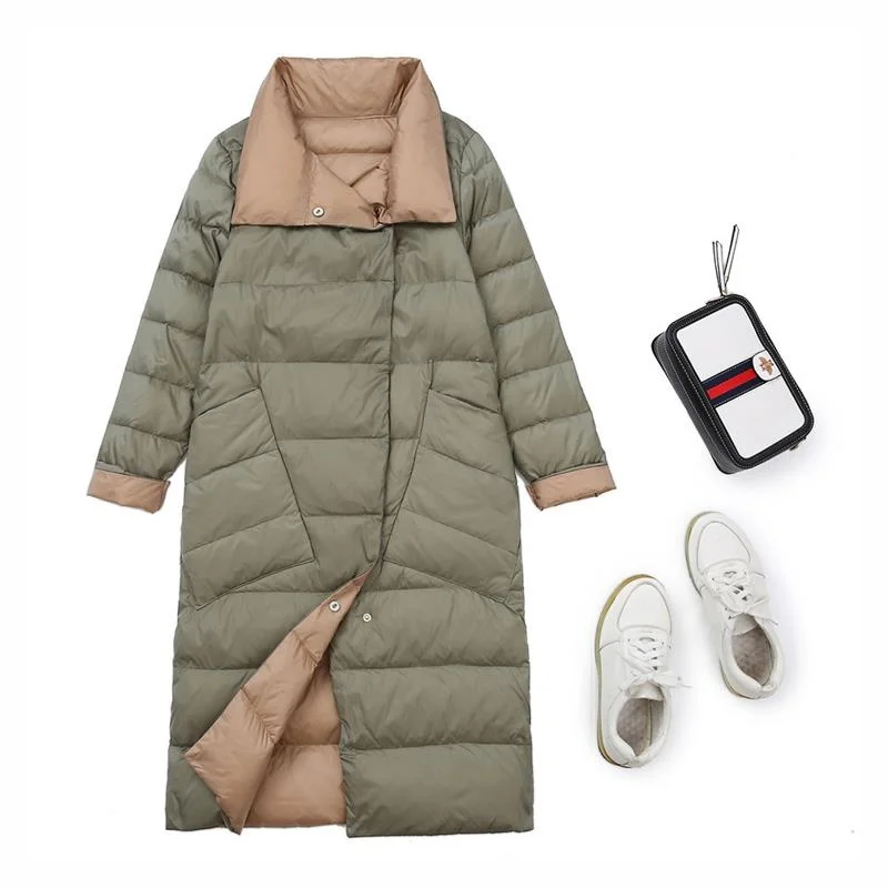 Indossare su entrambi i lati Cappotto imbottito leggero lungo bianco Du down Jaet da donna con colletto alla coreana stagione primaverile
