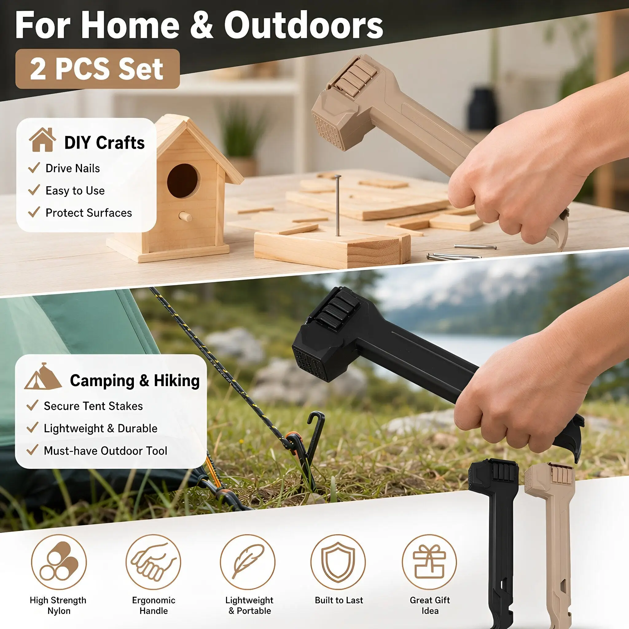 2Pcs Portable Lightweight Tent Peg Hammer Plastic Mallet Stake Driver Outdoor Camping Tool Tent Setup Accessories Peg Extractor view 5
