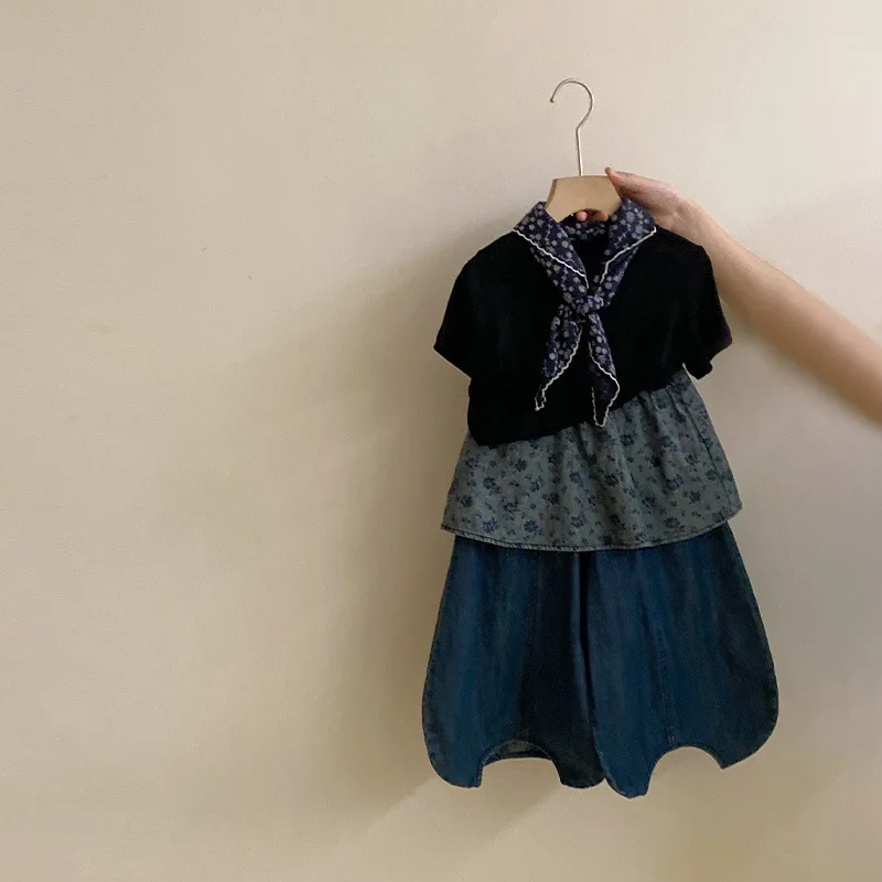 Girls Korean Simple Versatile Short Sleeve T Shirt 2026 Summer Girl Trendy Designer Bum Cover Jeans Two Piece Set