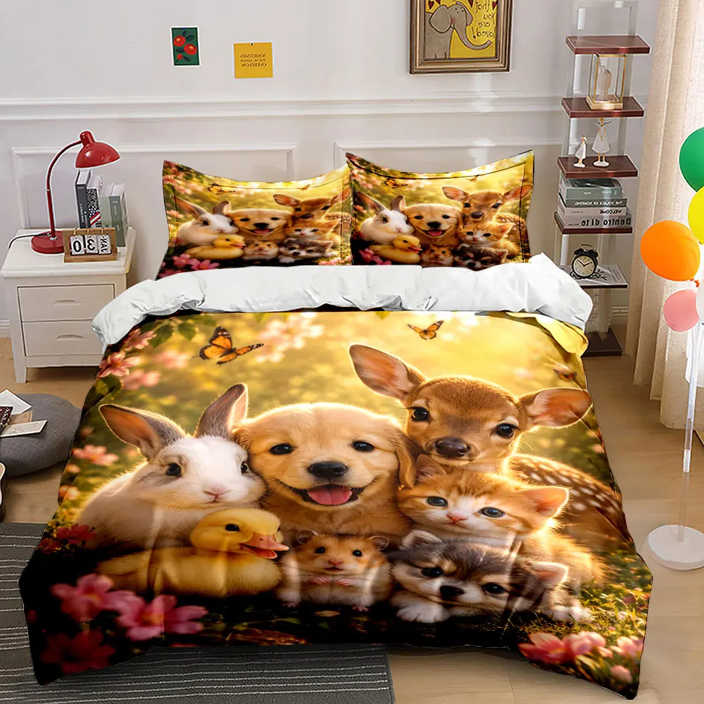 Adorable animals in a heartwarming group photo Bedding set 3PC 1 duvet cover 2 pillowcases adult and children bedding set