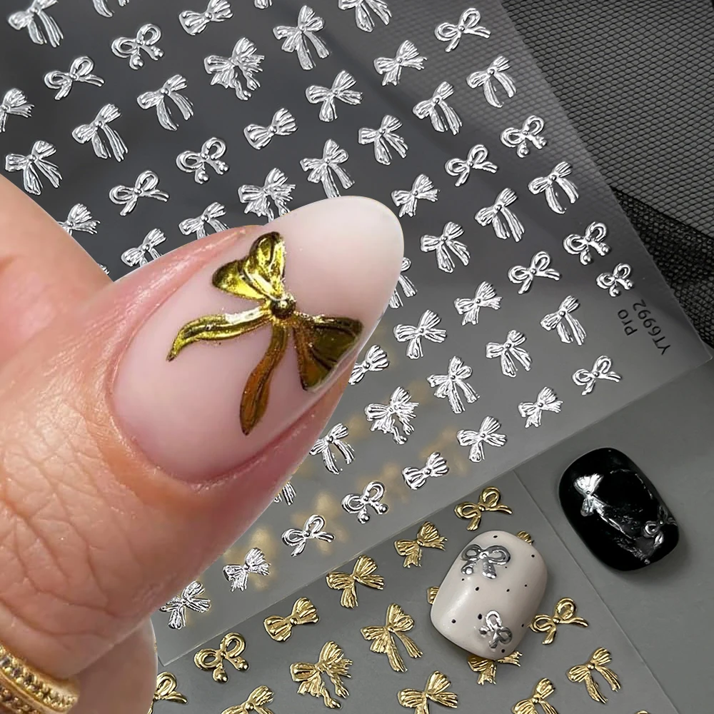 Y2K Slider Self-Adhesive Shiny Cute Gold/Silver Metalic Bowtie 5D Embossed Bow Nail Stickers