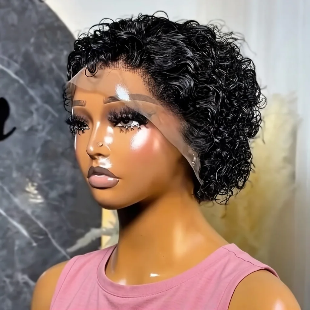 

Парик с кружевной передней частью 13x4, бразильские волосы Реми, 180% плотность, волнистые, короткие кудрявые, стрижка пикси, 8 дюймов, для женщин