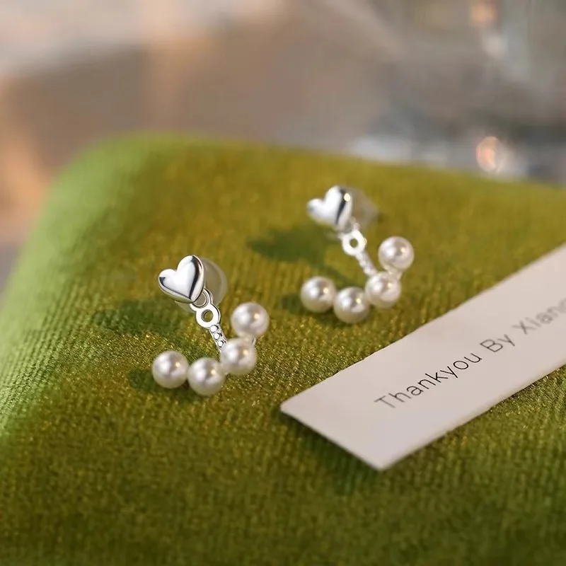 

Real 925 Sterling Silver Heart Curved Pearl Stud Earrings For Women Classic Fine Jewelry Niche Light Luxury Accessories