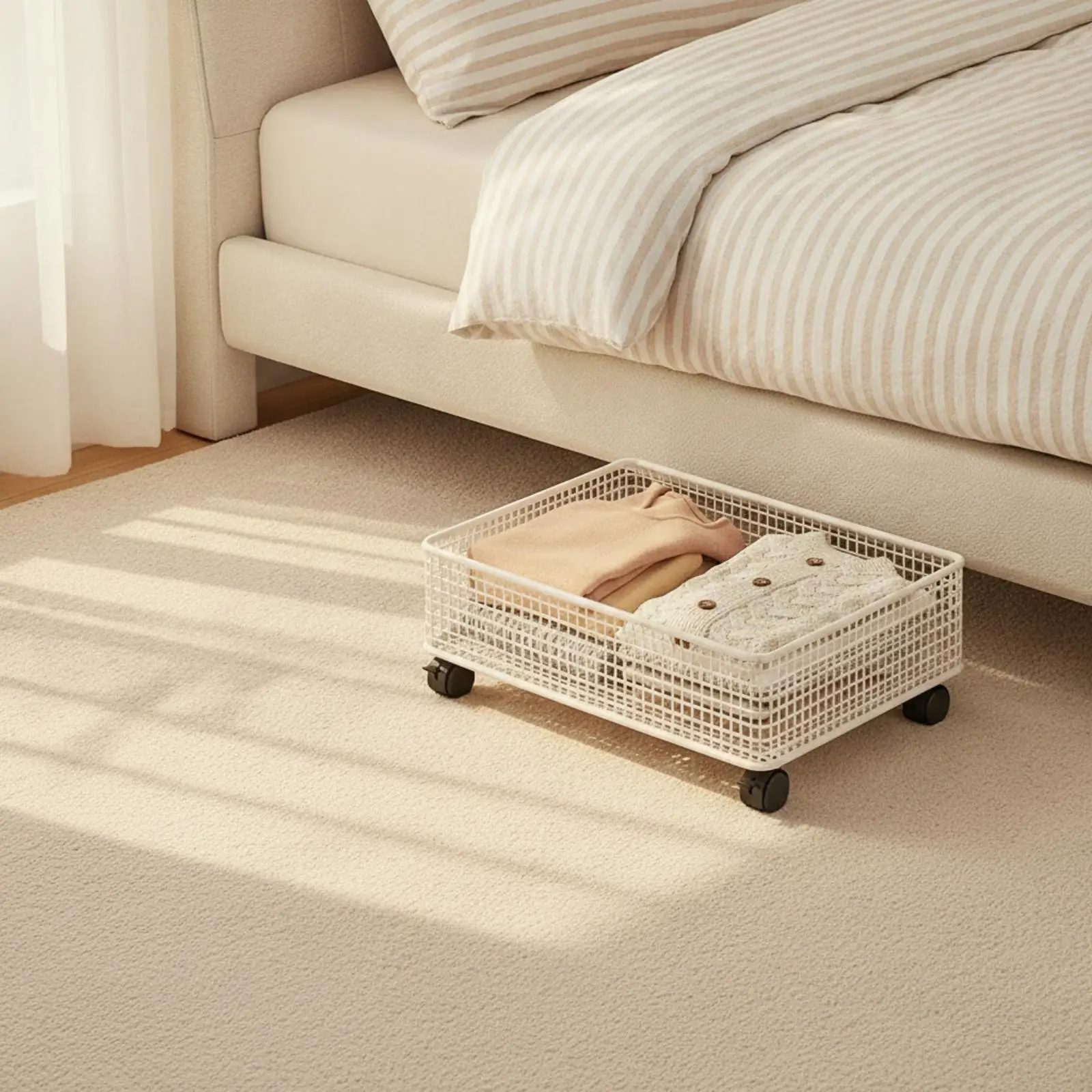 Rolling Storage Container with Ventilated Grid Design and Caster Wheels for Under Bed Use and Quick Access During Cleaning