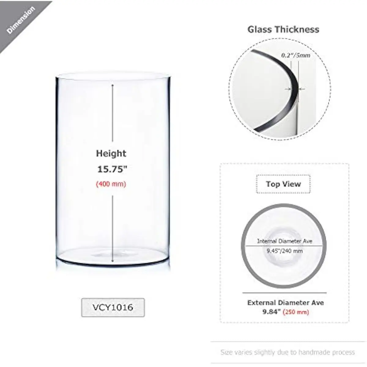Clear cylindrical glass vessel, 10 inch diameter x 16 inch height, thick transparent handblown container for floral arrangements