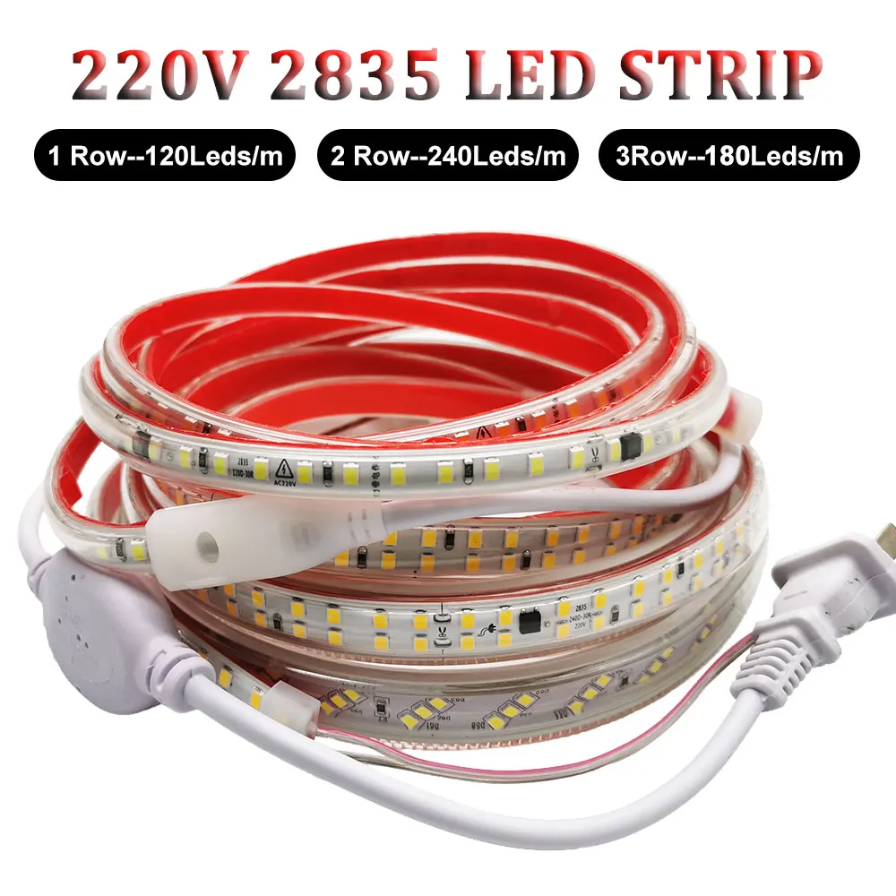 

220V 2835 LED Strip Light 120 180 240Leds/m High Density Flexible Super Brightness 1/2/3Rows IP67 Waterproof 3000K 4000K 6000K