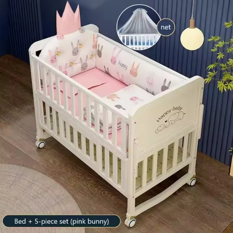 Cuna Convertible de madera maciza de lujo para bebé, cama de madera multifuncional con ruedas para Moisés, nido infantil móvil de altura ajustable