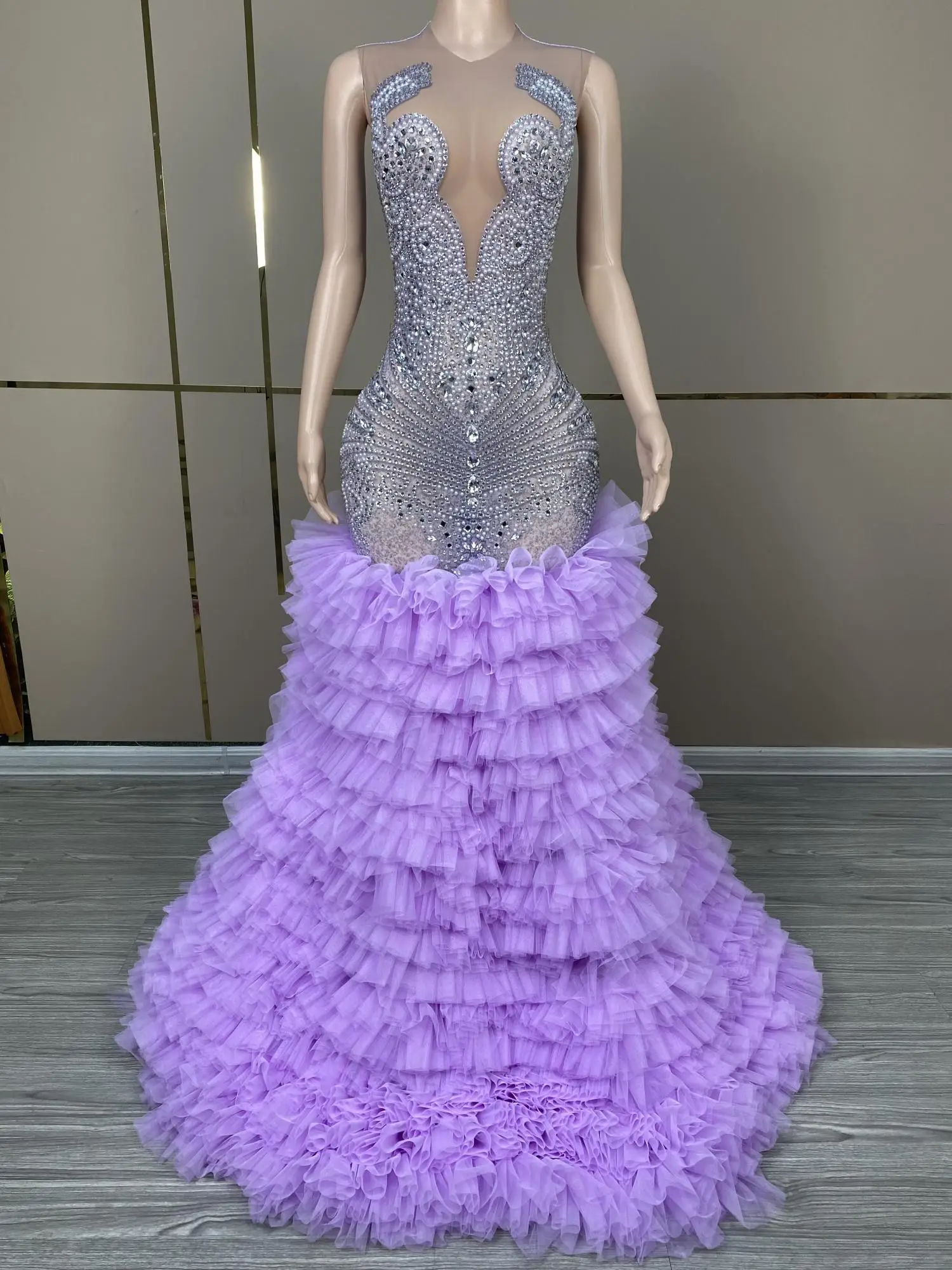 Vestido longo de plissado roxo para festa noturna, vestido de baile, strass elegante, clube de aniversário, chegadas na moda 2024