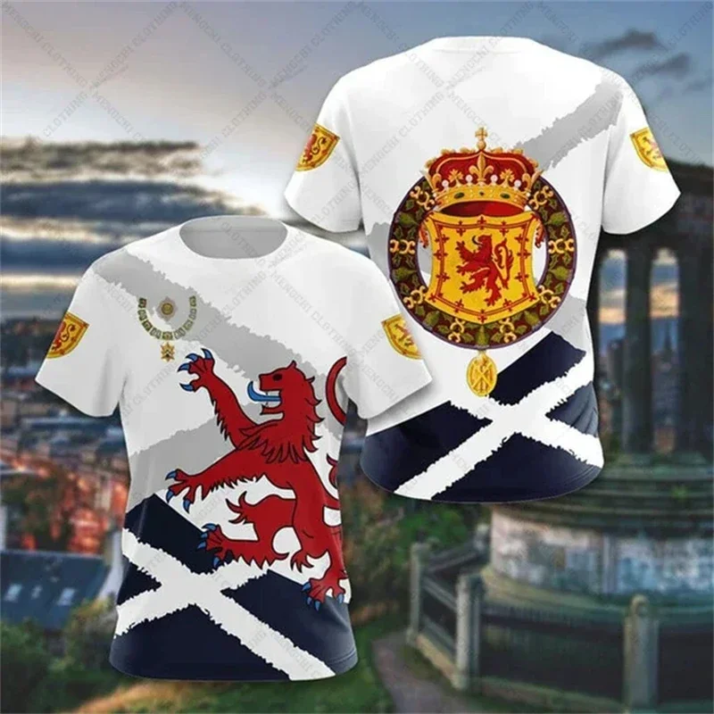 2025 Summer Scottish Flag Men's 3D Printed T-shirt, Short-sleeved O-neck, Oversized Sportswear T-shirt, Daily Casual Outdoor Top