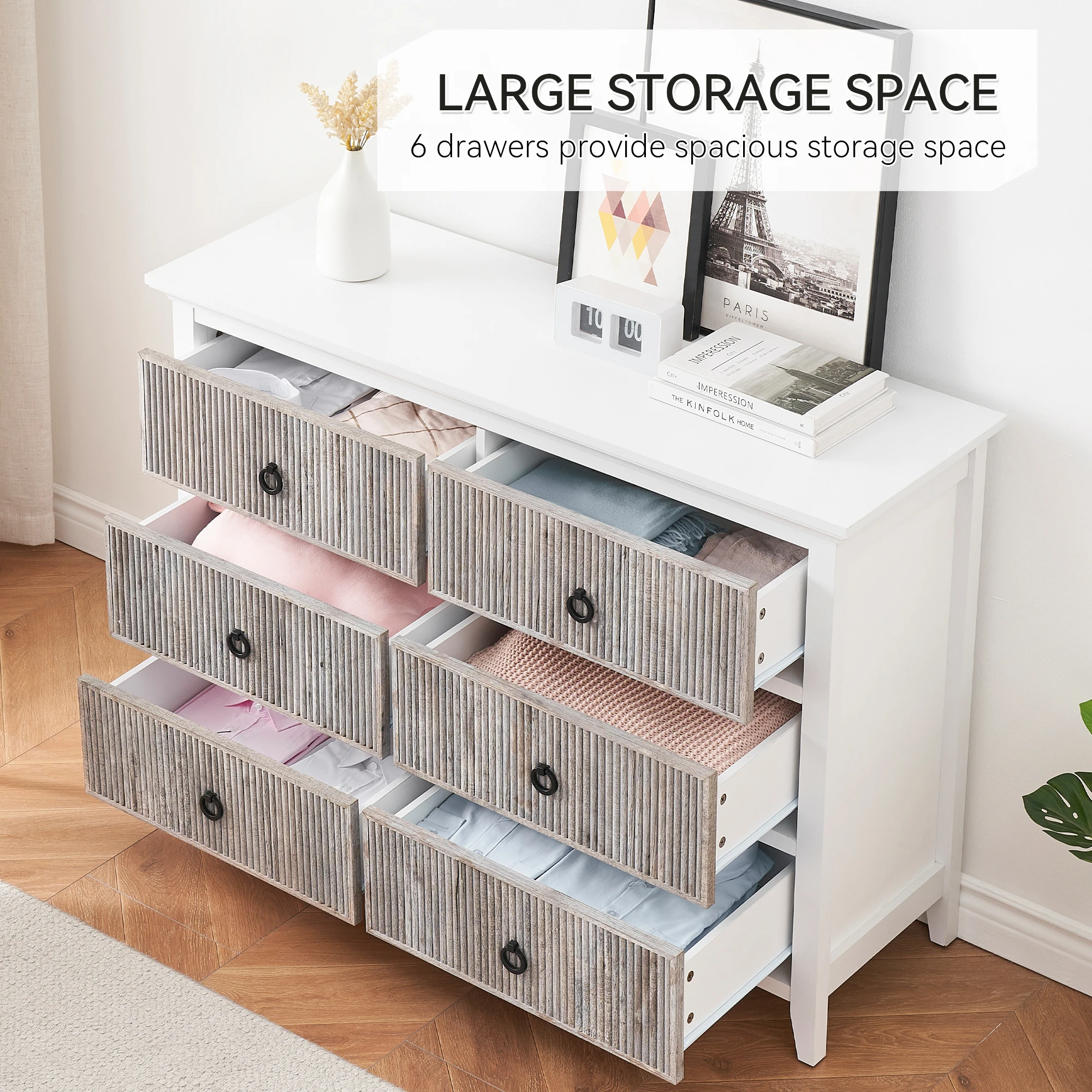 6-Drawer Fluted Dresser Cabinet for Bedroom, Modern Storage Chest with Fluted Panels, Dresser for Bedroom and Living Room