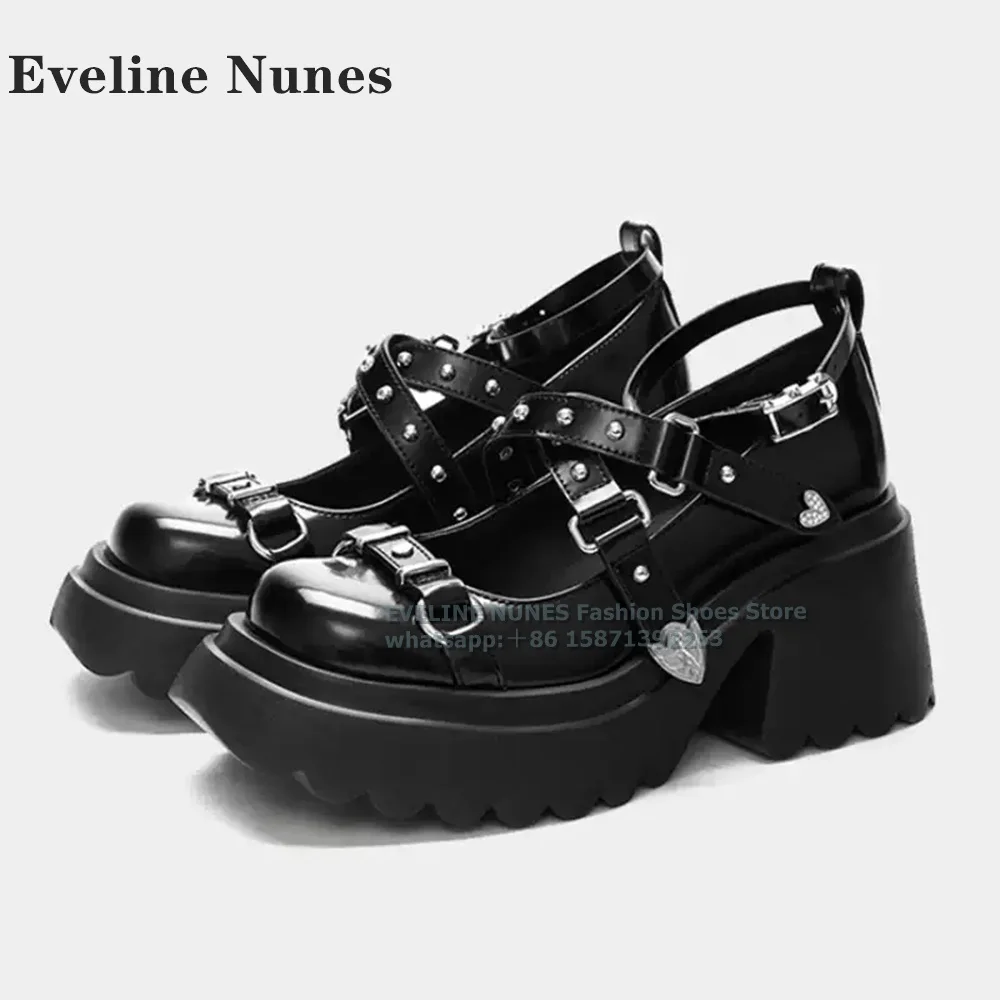 

Rivet Thick Sole Buckle Strap Mary Janes Round-Toe Height Increasing Shallow Sweet Cool Style Black Leather Shoes 2024 Autumn