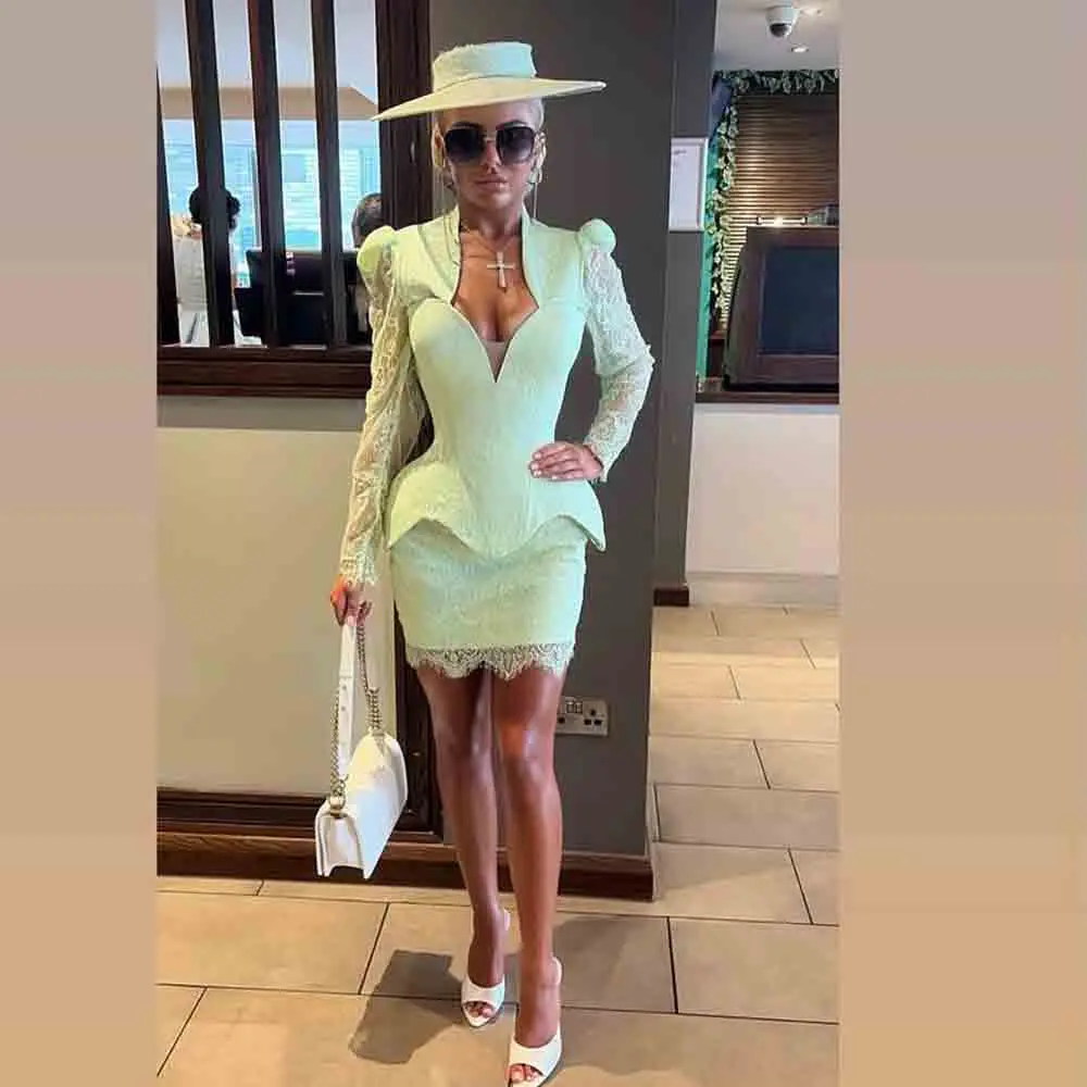 Customized Mint Green Lace Prom Gown Corset Top Puff Shoulder Formal Cocktail Dress Long Sleeve Peplum Hem Mini Bodycon Outfit