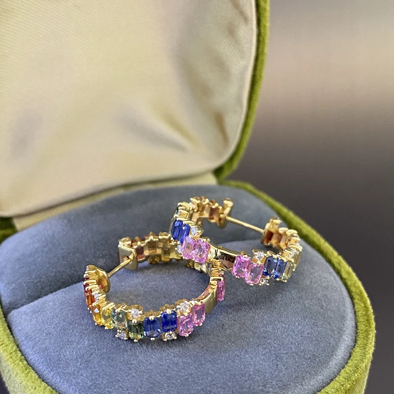 Aazuo Fine Jewely Real 18K Yellow Gold Natrual Sapphires Real Diamonds Rainbow Earring For Girls & Women Birthday Gift
