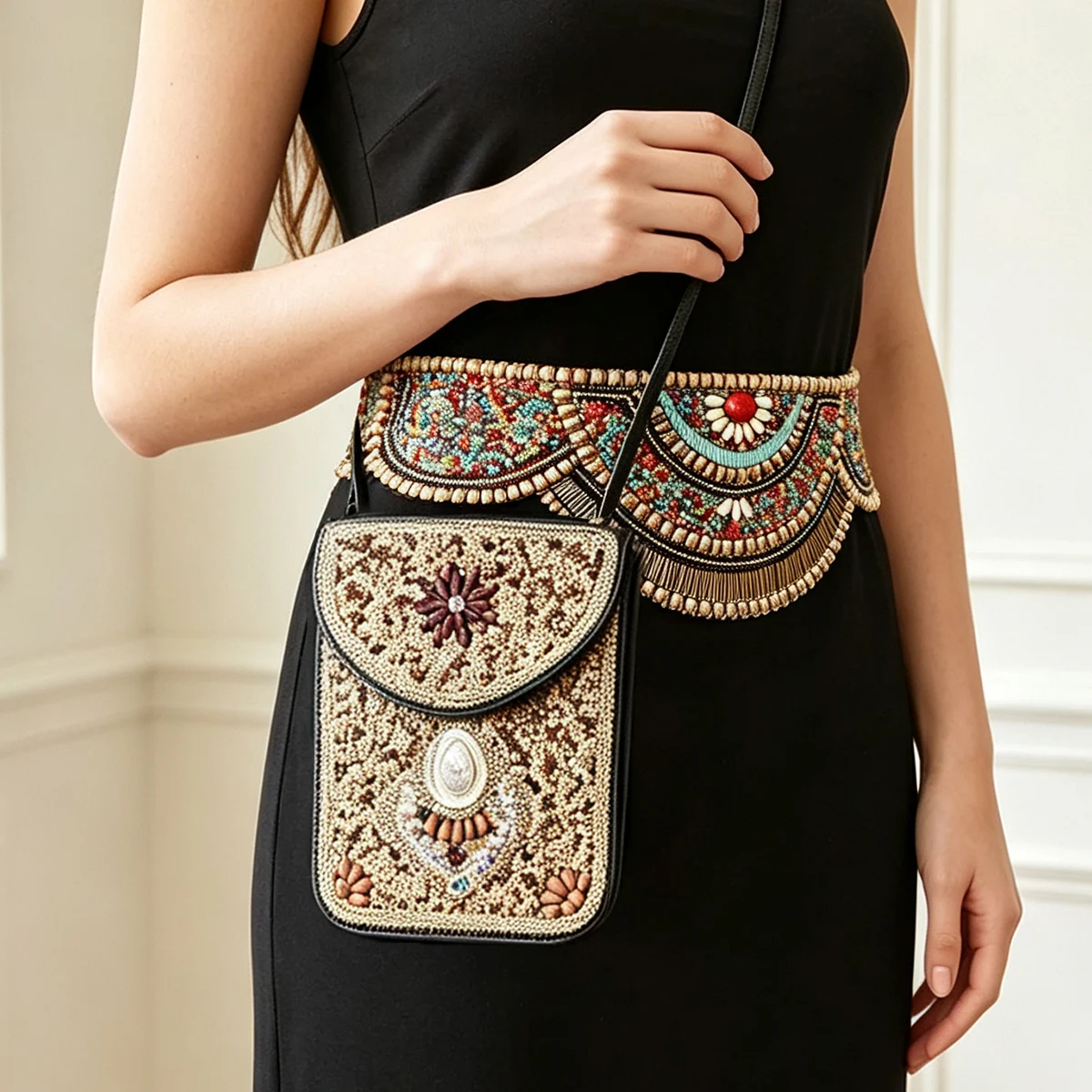 Bohemian Style Phone Shoulder Bag Waist Chain Jewelry Set Handbags Lady Retro Rice Bead Flower Exquisite PU Cross Body Bags Belt