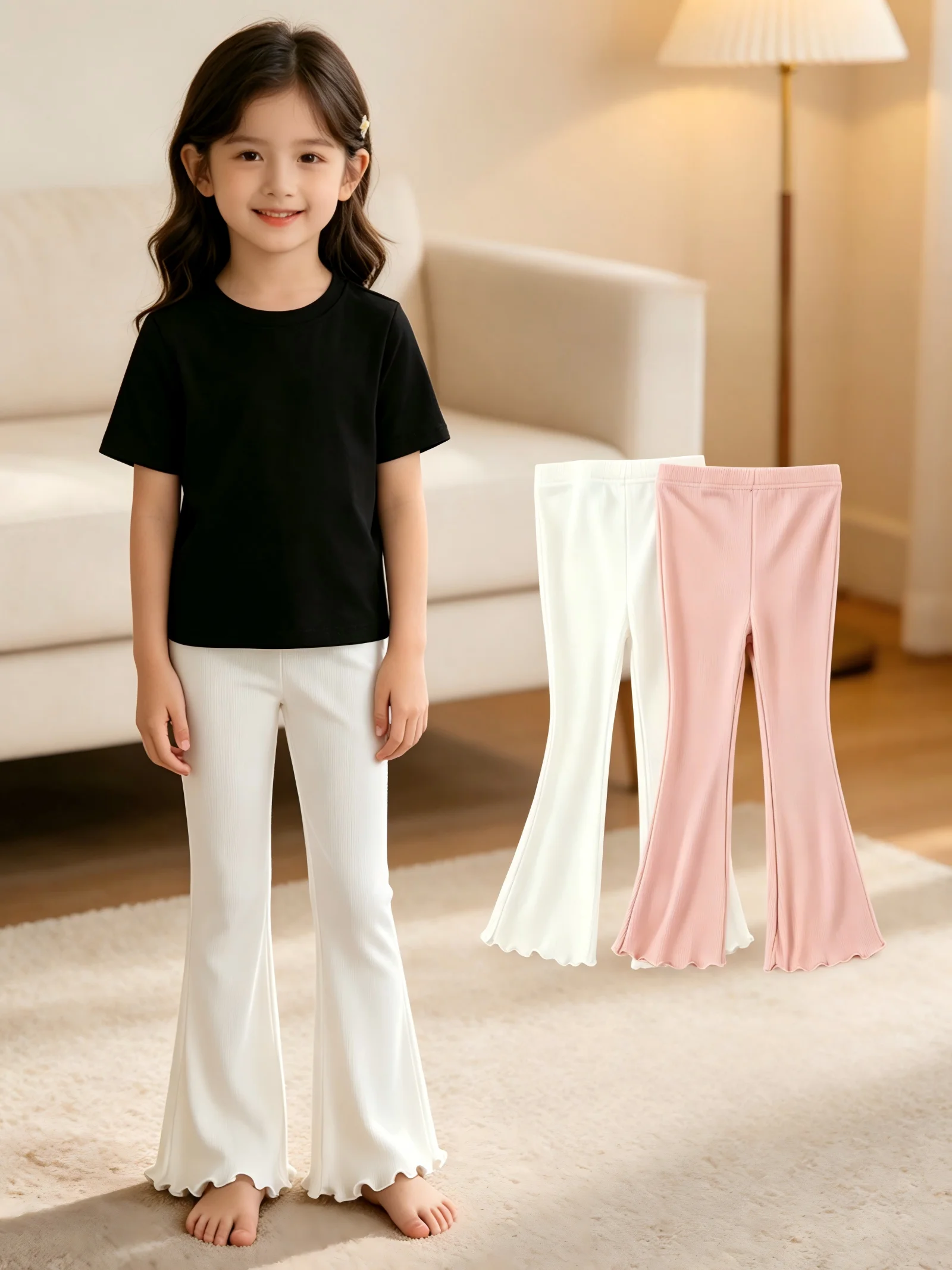 2-Pack Toddler Girls Ribbed Bell Bottom Pants 2-11Y Ruffle Hem High Waist Kids Flare Trousers For Playdates, School & Daily Wear