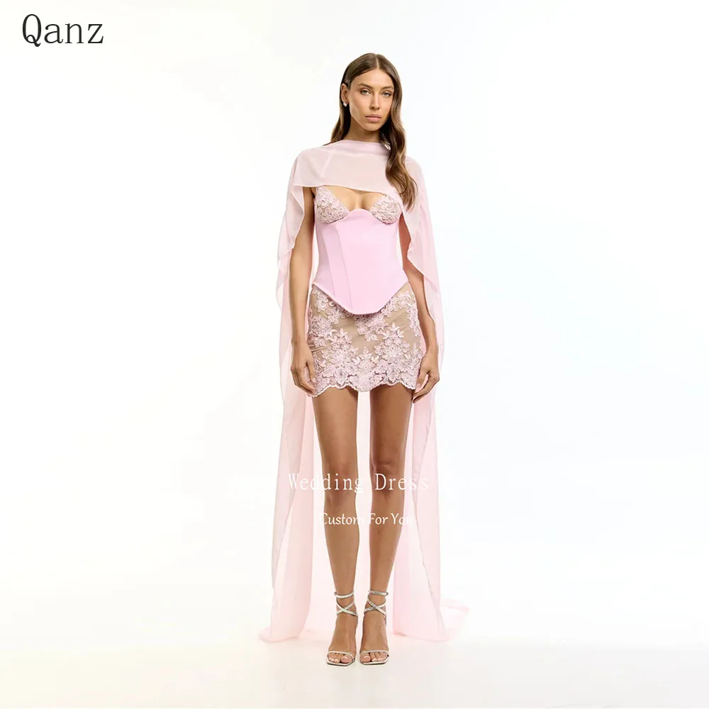 Qanz Delicate Lace Prom Dress Pink Mini Spaghetti Straps Woman Wedding Party Attire Abobe Knee Short Vestido Festa Customized
