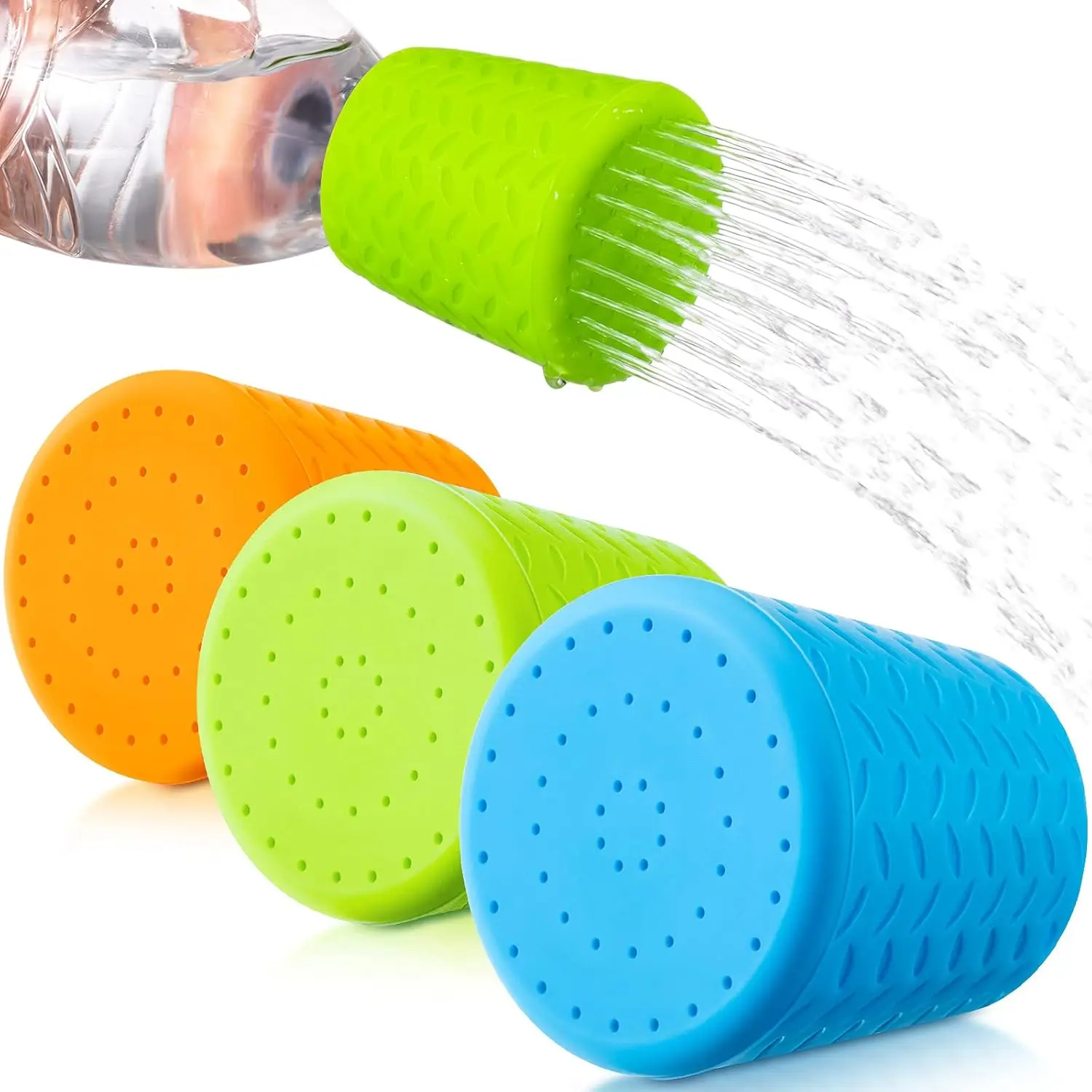 3-teilige tragbare Outdoor-Dusche für Hunde, Wassersprühaufsatz für Flaschen, 16 oz bis 2 Liter, Himmelblau/Hellgrün/Orange