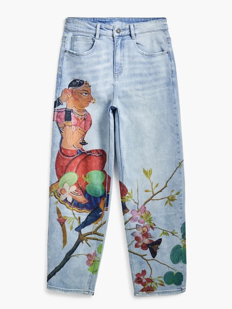 European and American original Spanish women's casual jeans with contrasting print and slight stretch cropped pants