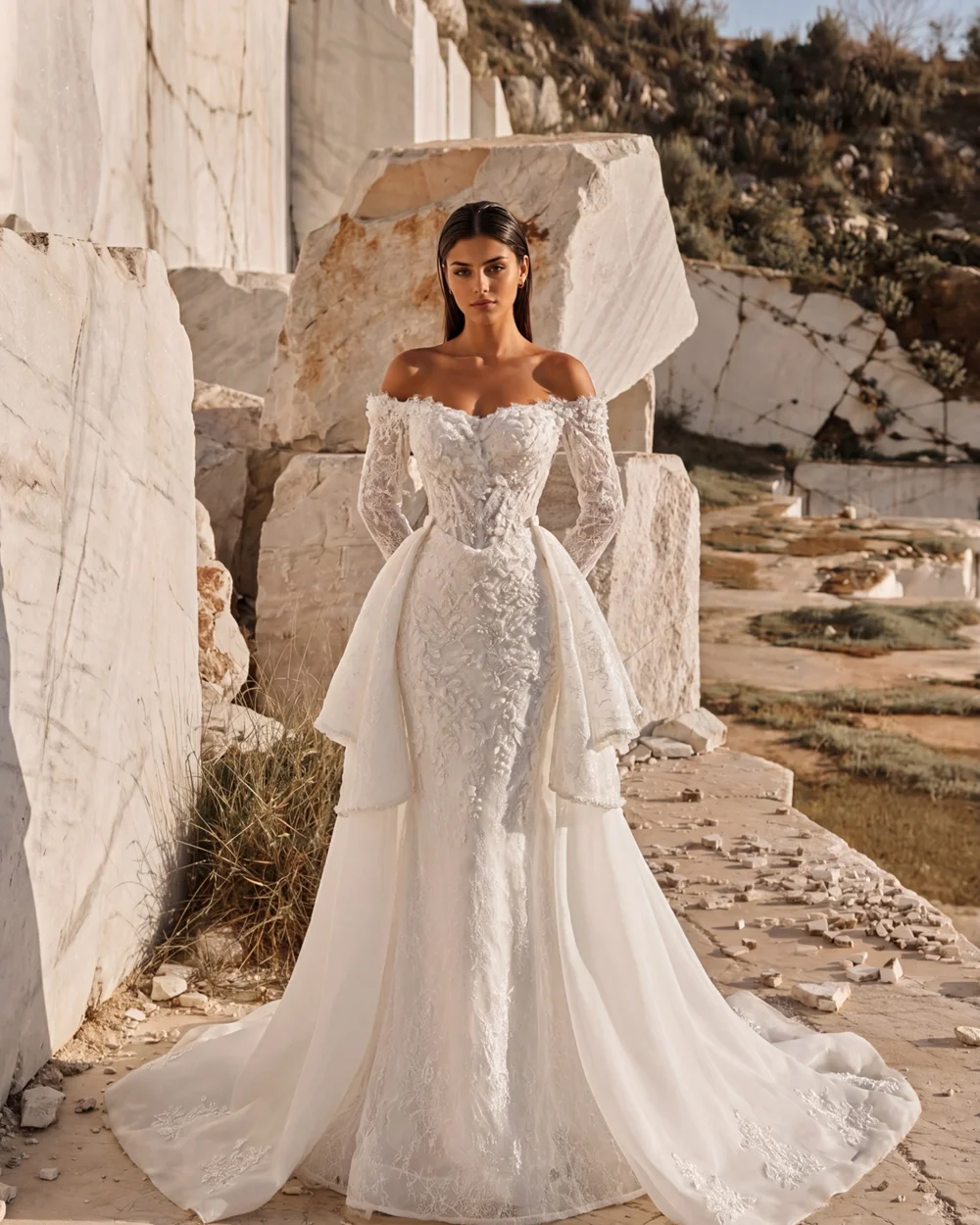 Maßgeschneidertes schulterfreies Spitzen-Brautkleid mit abnehmbarer Schleppe, rückenfrei, Applikationen, Hochzeitskleider 2026 Vestido De Noiva – Detail 3