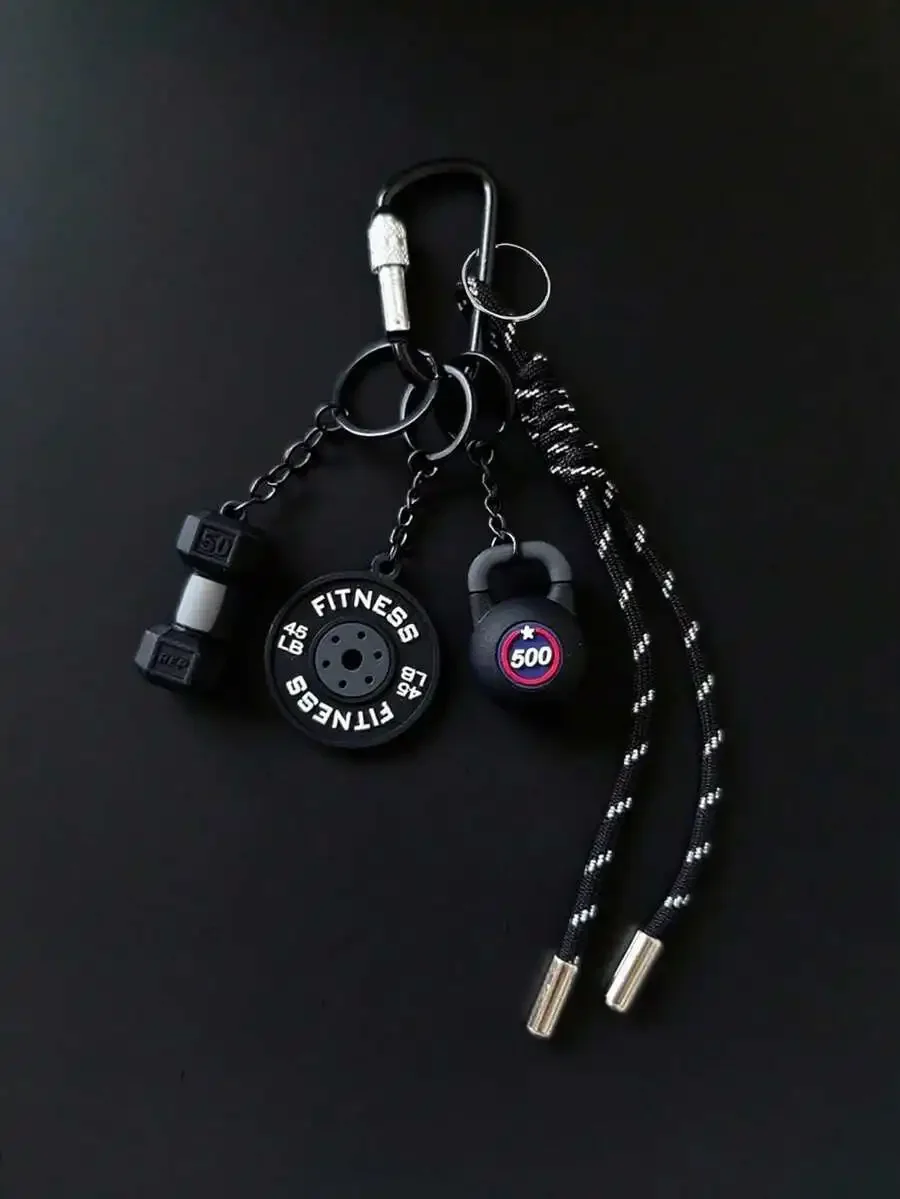Fitness Themed Keychain With Dumbbell Kettlebell Weight Plate Charms