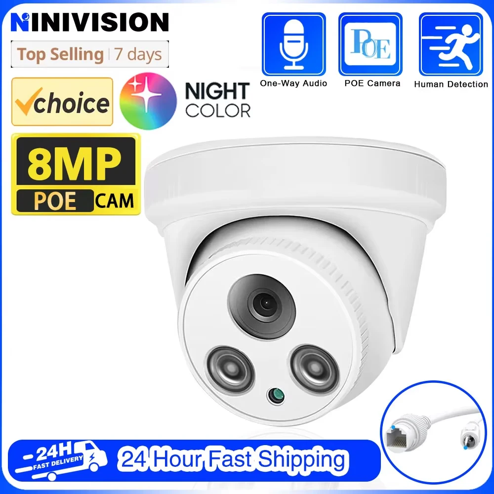 4K Color POE IPC Camera 8MP ColorVu Night Vision CCTV Poe Dome Camera 24/7 Colorful Image Built-in Mic Audio IP67 Waterproof