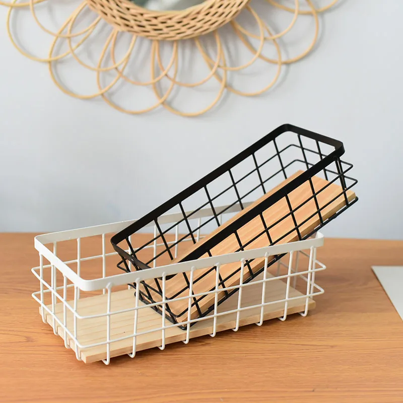 Metal Wire Basket, Decorative Wood Base Organizer for Bathroom, Kitchen, Basket for Toilet Paper Storage, Sugar Packet, Coffee