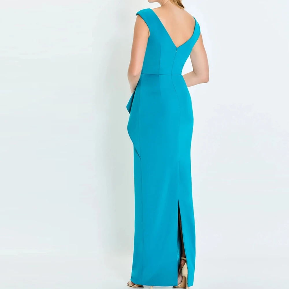 Customized Classic Pleat V-Neck Floor Length Back Slit Vestidos De Fiesta Straight Jersey Sleeveless Zipper Back платье вечернее