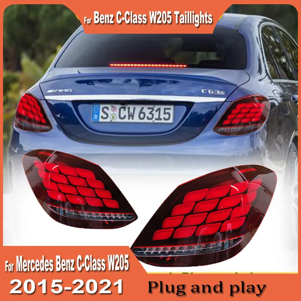Автомобильные фонари для Mercedes-Benz W205: светодиодные задние фонари 2014-2021 (C180, C200, C260) — стоп-сигнал, сигнал торможения, ДХО, задний ход. Автоаксессуары.