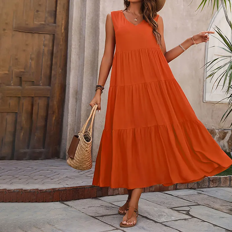 Y.KUKU New Women Dress Office Wear Casual 100% Rayon Wysokiej jakości letni bez rękawów Tank Smocked Long Dresses Pleated Sundress