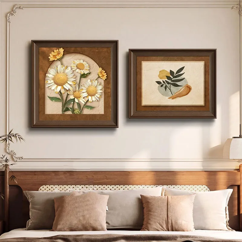 2 Pcs Framed Canvas Wall Art Daisy Flower Lemon Branch, Wood Frame Farmhouse Botanical Painting for Living Room Bedroom Entryway
