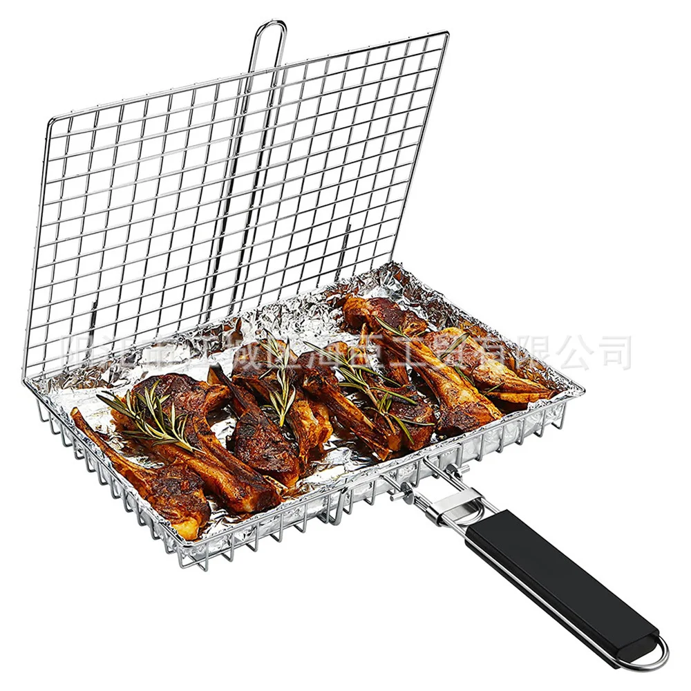 Stainless steel barbecue mesh barbecue basket square large capacity folding barbecue mesh clip bbq basket