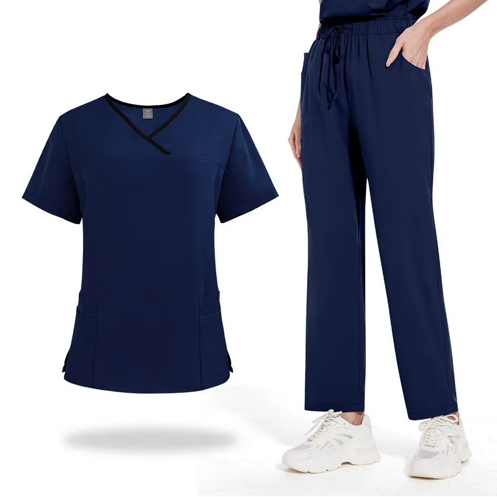 Farbblock-gewaschenes Hemd, locker, bequem, medizinisch, gerade, Laborkittel, kurze Ärmel, lange Hosen, zweiteiliges Set, Unisex-Krankenschwesteruniform